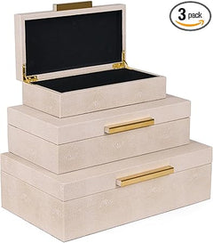 Ivory Shagreen Decorative Boxes Set of 3 with Gold Handles & Velvet Lining