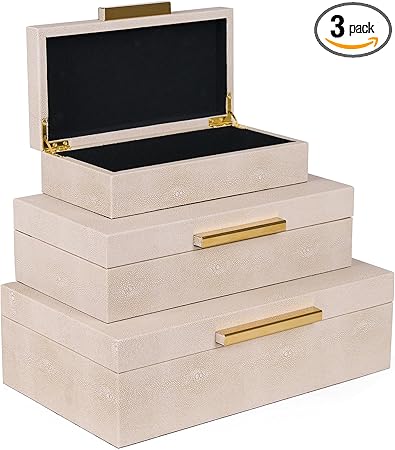 Ivory Shagreen Decorative Boxes Set of 3 with Gold Handles & Velvet Lining