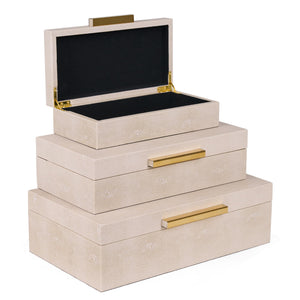 Ivory Shagreen Decorative Boxes Set of 3 with Gold Handles & Velvet Lining