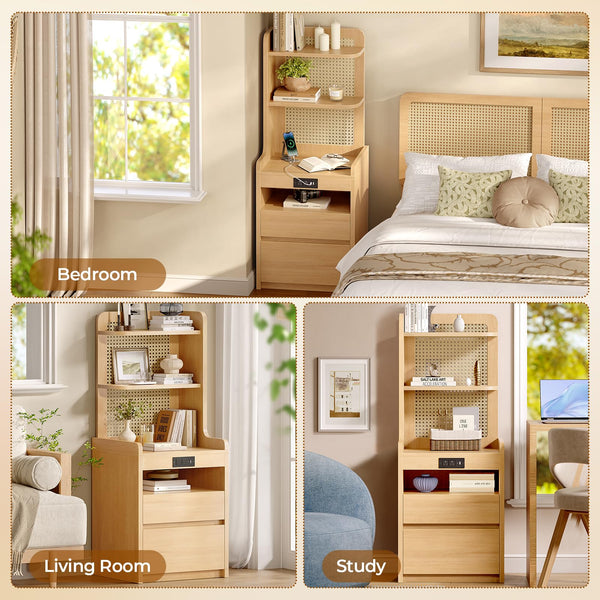 Sikaic 2PCS Tall Rattan Nightstand with Charging Station, Adjustable 90° Corner Bedside Table with 2 Drawers and Open Bookshelf, High Capacity End Side Table for Bedroom, Small Spaces, Natural Wood