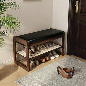 2-Tier Bamboo Shoe Rack Bench with Cushion & Hidden Storage