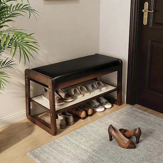2-Tier Bamboo Shoe Rack Bench with Cushion & Hidden Storage