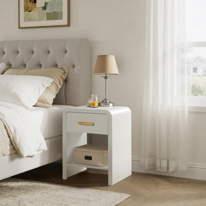 Fluted Nightstand with Drawer and Open Shelf – White & Gold