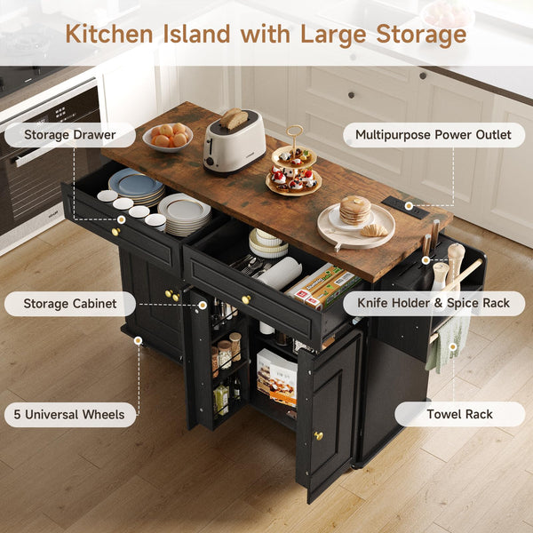 58" Mobile Kitchen Island Cart with Power Outlet, Storage Cabinets & Spice Rack