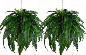 Artificial Hanging Ferns 2 Pack – Large Faux Boston Fern Bushes UV Resistant