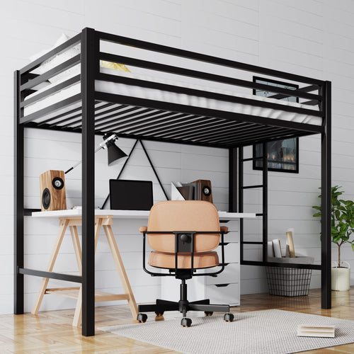 Twin Metal Loft Bed with Ladder and Guardrail