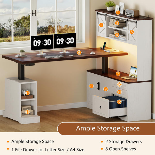 L-Shaped Electric Standing Desk with Hutch & File Cabinet