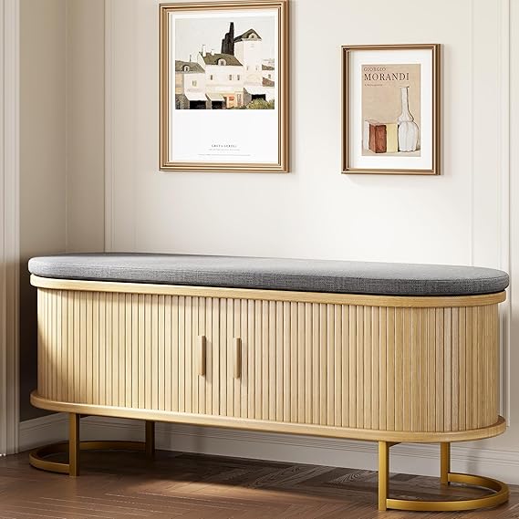 Storage Bench with Cushion and Sliding Doors