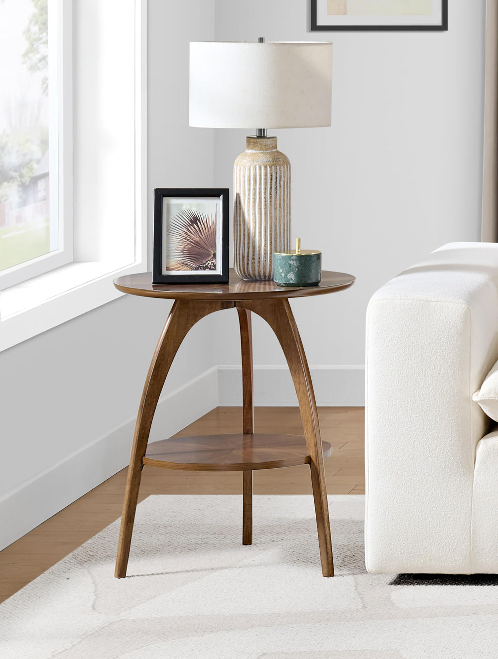 Round Wood End Table with Lower Shelf