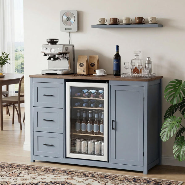 Bar Cabinet with Fridge Space, 3 Drawers, Adjustable Shelves & Power Outlet
