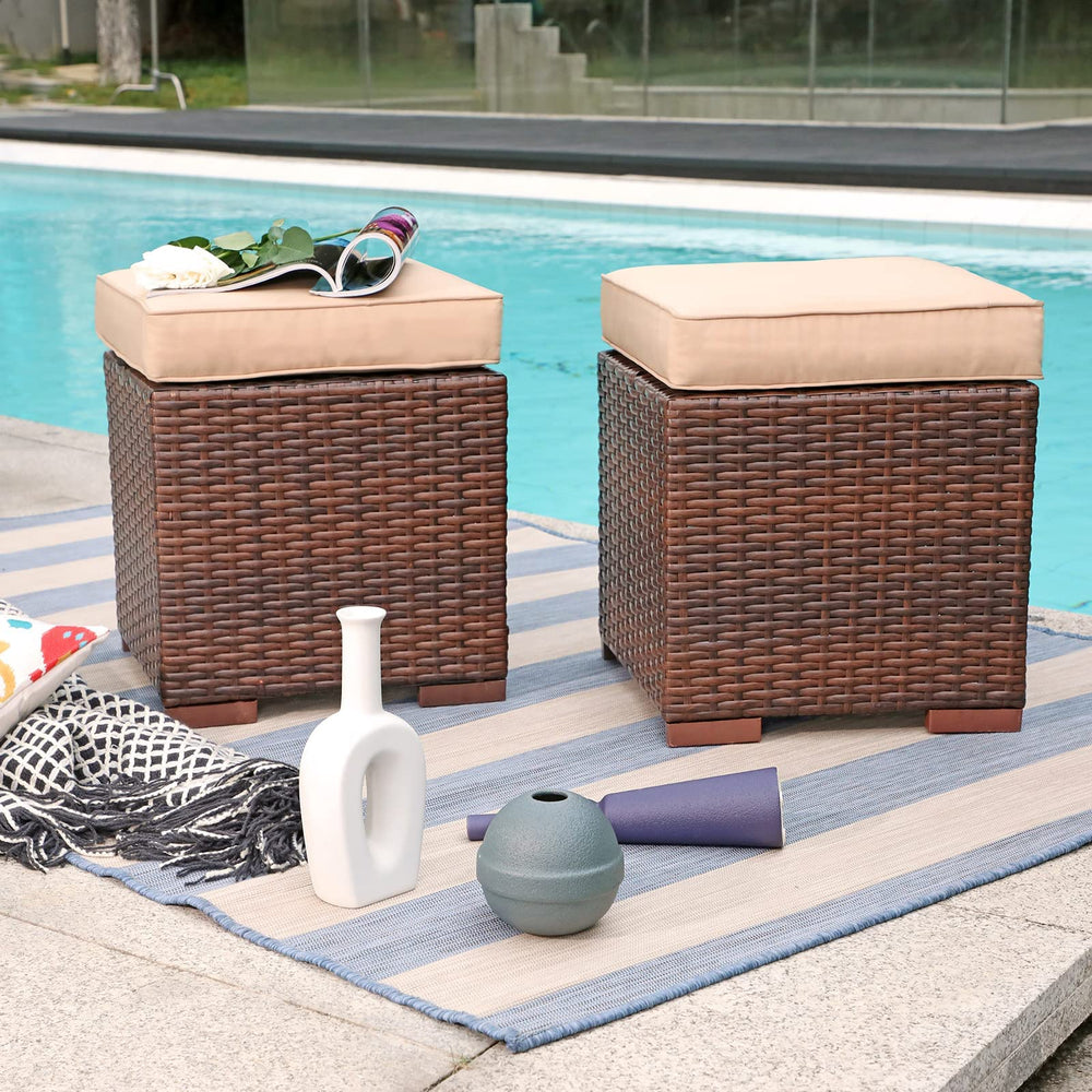 Outdoor Wicker Ottoman Set of 2 with Cushions