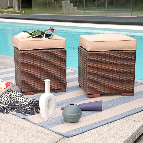 Outdoor Wicker Ottoman Set of 2 with Cushions