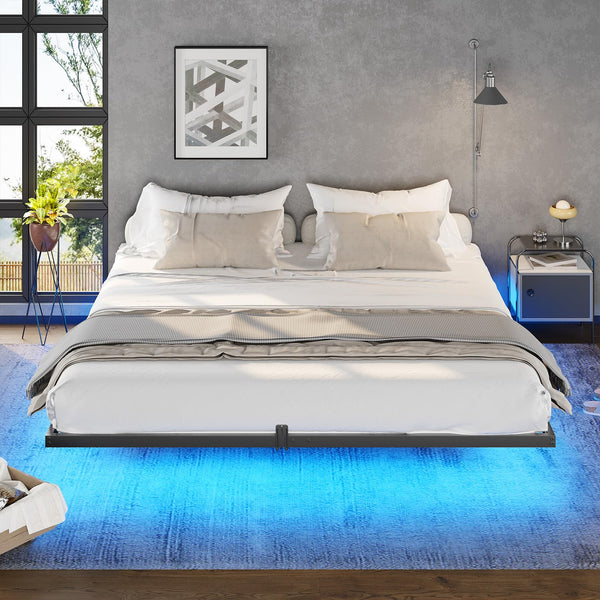 Floating Bed Frame with LED Lights – Metal Platform, Multiple Sizes