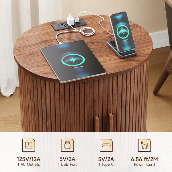 Fluted End Table with Storage & Charging Station