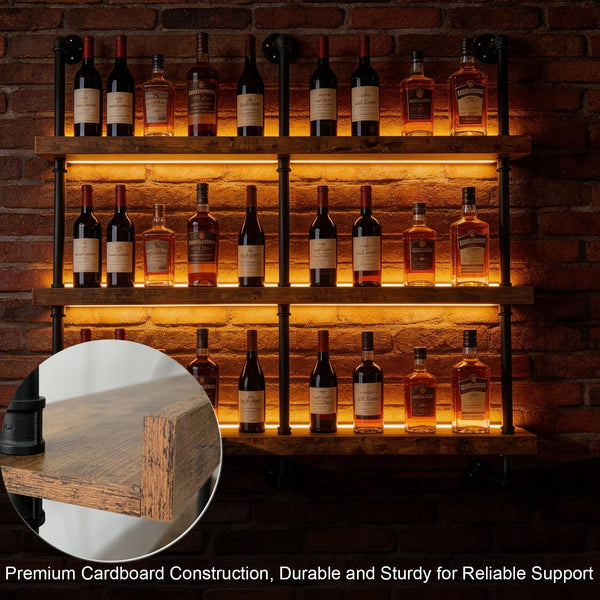 55" Wall Mounted Wine Rack with LED Lights – 3-Tier Industrial Floating Shelf