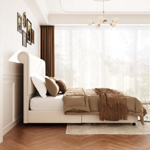Queen Velvet Sleigh Bed Frame with Tall Headboard