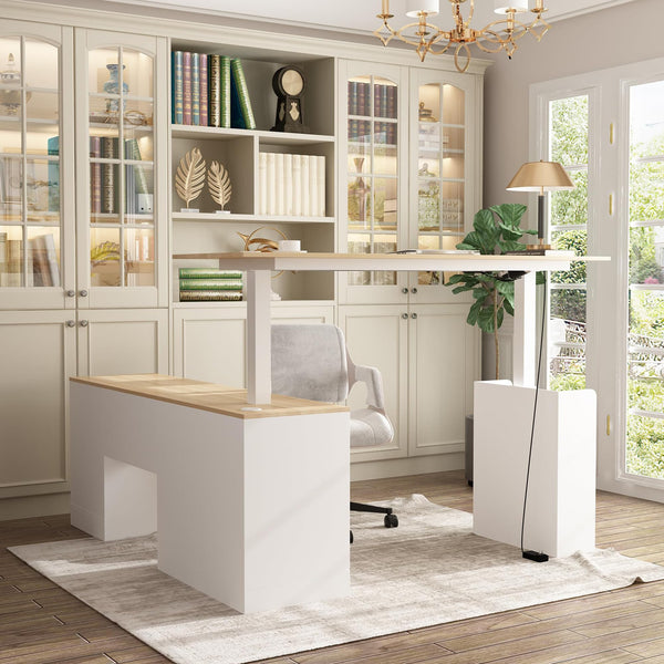 L-Shaped Electric Standing Desk with Drawers and Shelves, 63"
