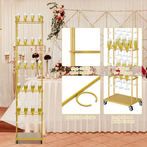 5-Tier Floor Standing Champagne Glass Rack with Wheels – 40-Glass Gold Metal Stand