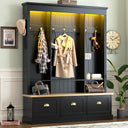 Hall Tree with Bench, LED Lights, 9 Hooks & 3 Cabinets