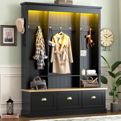 Hall Tree with Bench, LED Lights, 9 Hooks & 3 Cabinets