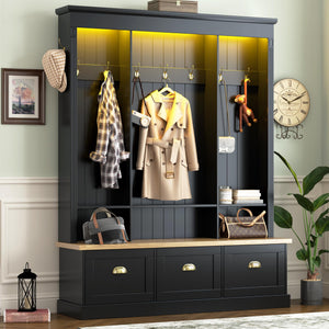 Hall Tree with Bench, LED Lights, 9 Hooks & 3 Cabinets