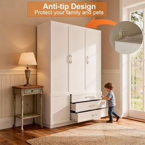 72" 3-Door Wardrobe Armoire with LED Light & Drawers