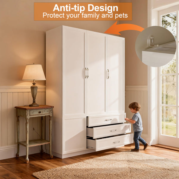 72" 3-Door Wardrobe Armoire with LED Light & Drawers