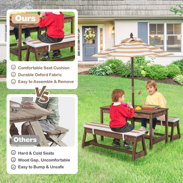 Kids Outdoor Wooden Picnic Table & Bench Set with Umbrella