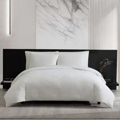 Cotton Comforter Set with Shams – Bark Texture White Grid Pattern