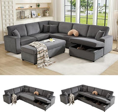 129-Inch Sectional Sofa with Storage Ottoman & Sleeper
