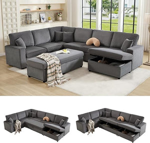 129-Inch Sectional Sofa with Storage Ottoman & Sleeper