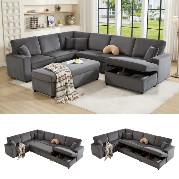 129-Inch Sectional Sofa with Storage Ottoman & Sleeper
