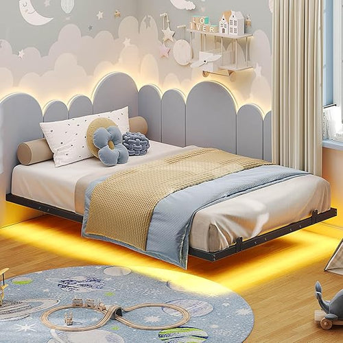 Floating Bed Frame with LED Lights – Metal Platform Bed