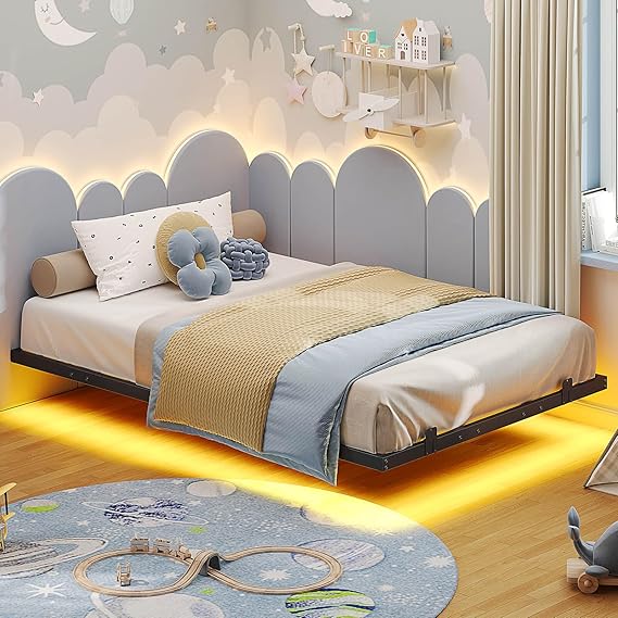 Floating Bed Frame with LED Lights – Metal Platform Bed