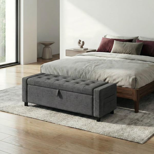Storage Ottoman Bench with Hidden Compartment & Side Pocket