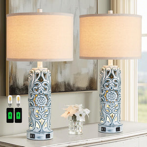 Coastal Vintage Table Lamp Set of 2 with USB Ports & Nightlight