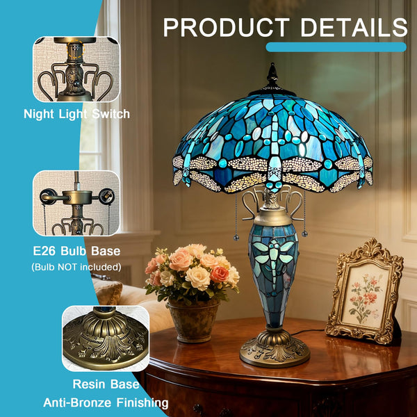 Tiffany Stained Glass Dragonfly Table Lamp with Nightlight