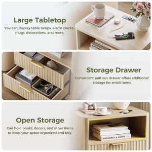 Fluted Nightstand Set of 2 with Charging Station, Drawers & Open Shelves