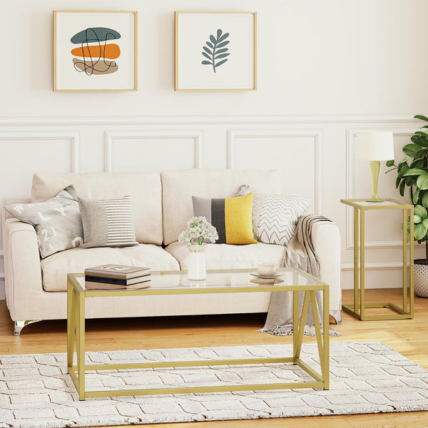 Glass Coffee Table with Gold Metal Frame