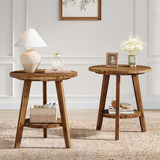 Round Wood End Table with Storage Shelf