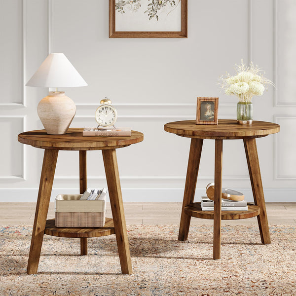 Round Wood End Table with Storage Shelf
