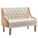 Mid-Century Modern Settee Loveseat with Rattan Arms & Tufted Linen Back