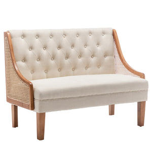 Mid-Century Modern Settee Loveseat with Rattan Arms & Tufted Linen Back