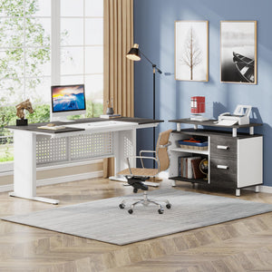 L-Shaped Executive Desk with File Cabinet & Storage Shelves