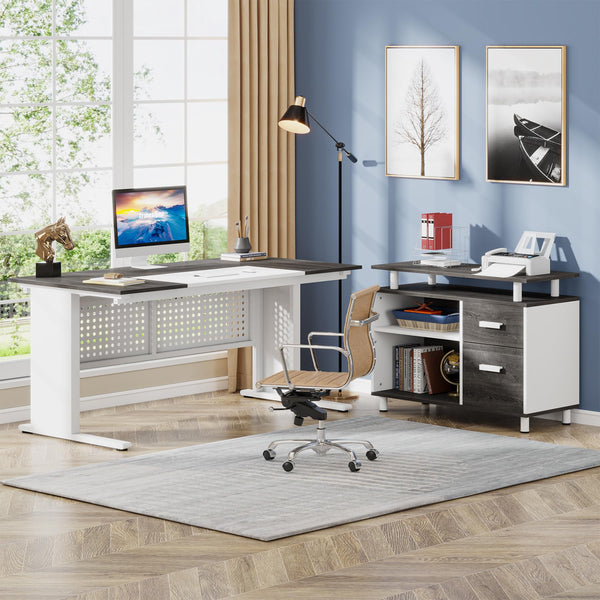 L-Shaped Executive Desk with File Cabinet & Storage Shelves