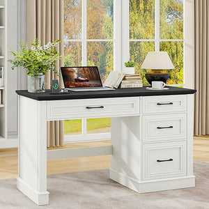 47" Farmhouse Executive Desk with Drawers, File Drawer & Charging Station
