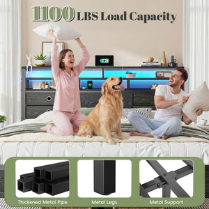 King Size Bed Frame with LED Lights, Storage Headboard & Charging Ports