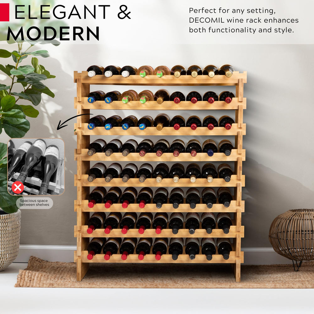 72-Bottle Stackable Bamboo Wine Rack, 8-Tier