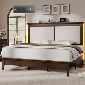 Wood Bed Frame with LED Headboard & Charging Station