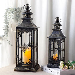 Vintage Metal Candle Lanterns Set of 2 – Indoor Outdoor Hanging Lanterns with Tempered Glass